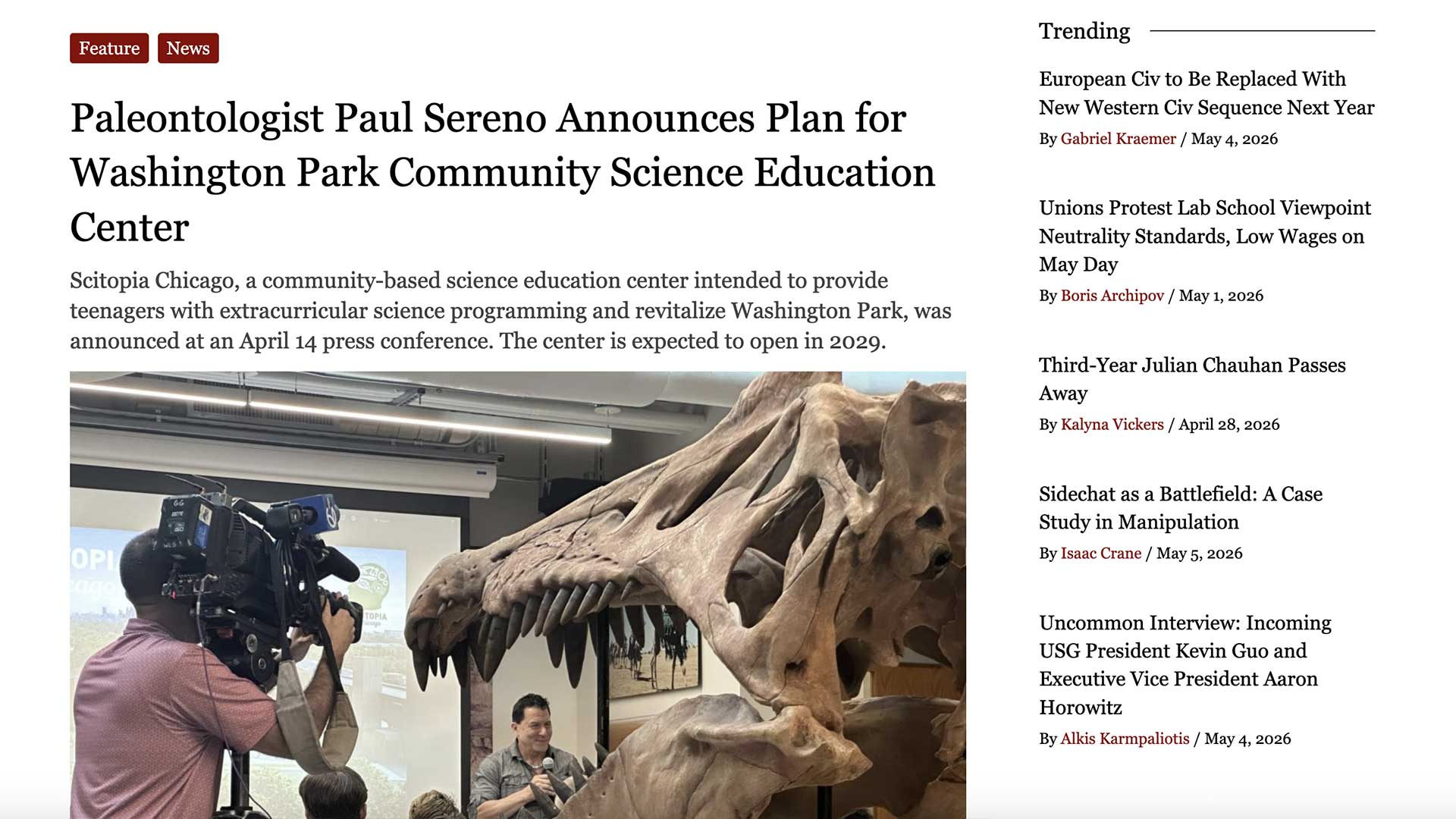 Paleontologist Paul Sereno Announces Plan for Washington Park Community Science Education Center